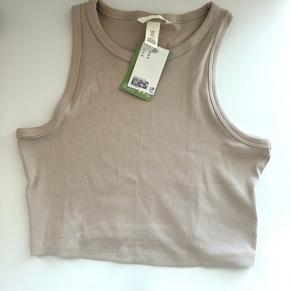 H&M Tan Cropped Ribbed Tank Top, Medium.